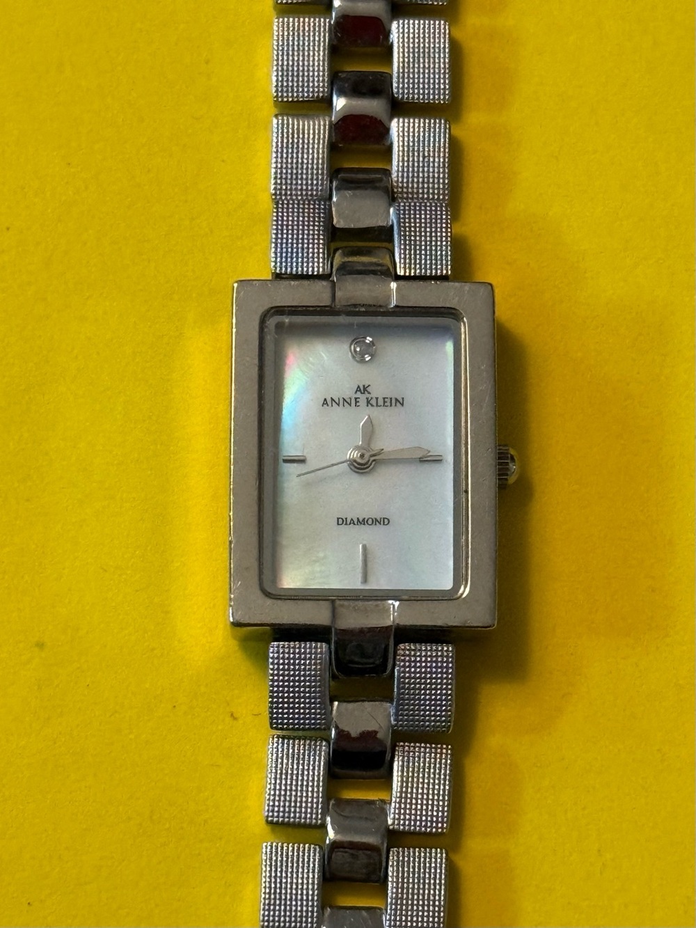 Anne Klein Silver Mother-of-Pearl Diamond Accent Rectangular Bracelet Watch